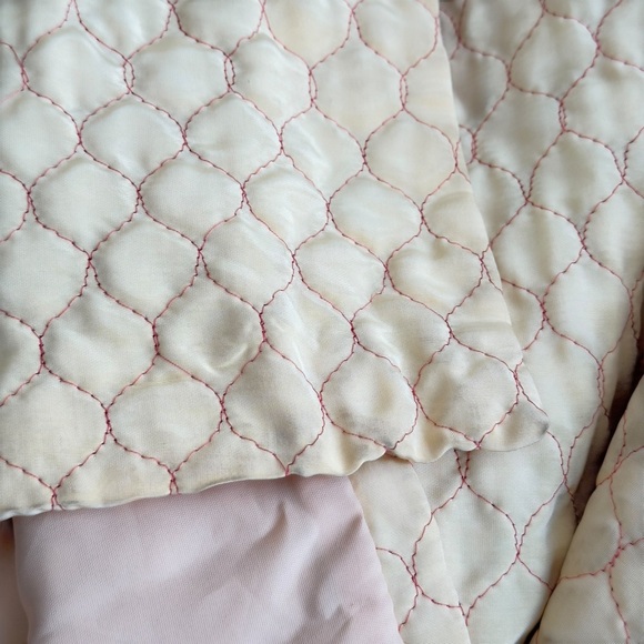 Vintage 1940s Princess Quilted Peach Satin Robe Corded Embroidered Lapel & Belt - Picture 13 of 16